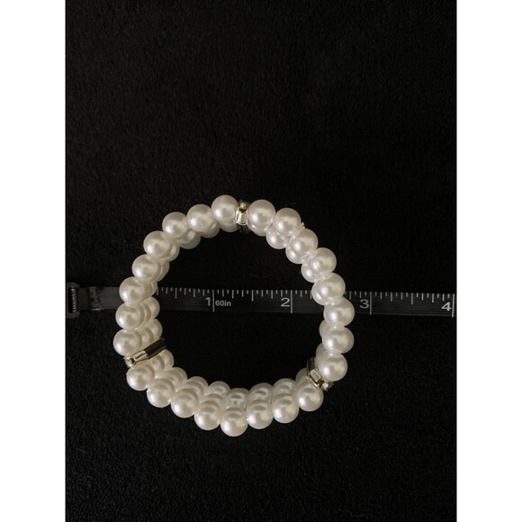 3 Rows Faux Pearl Rhinestone Stations Stretch Bangle Bracelet - Nice! - Picture 3 of 4